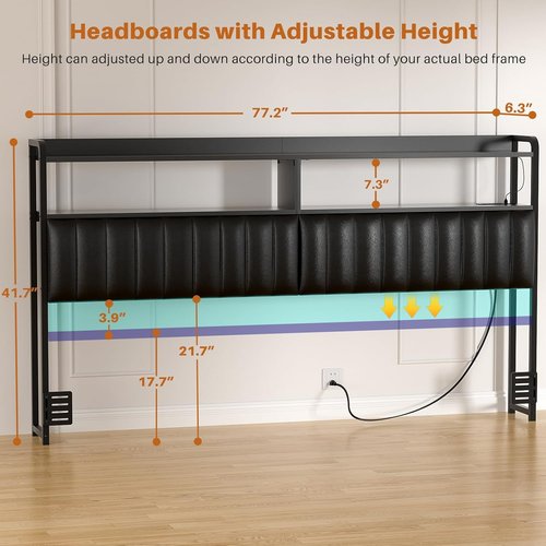 Aheaplus King Size Upholstered Headboard - Adjustable Height, USB Ports & LED Light, Black