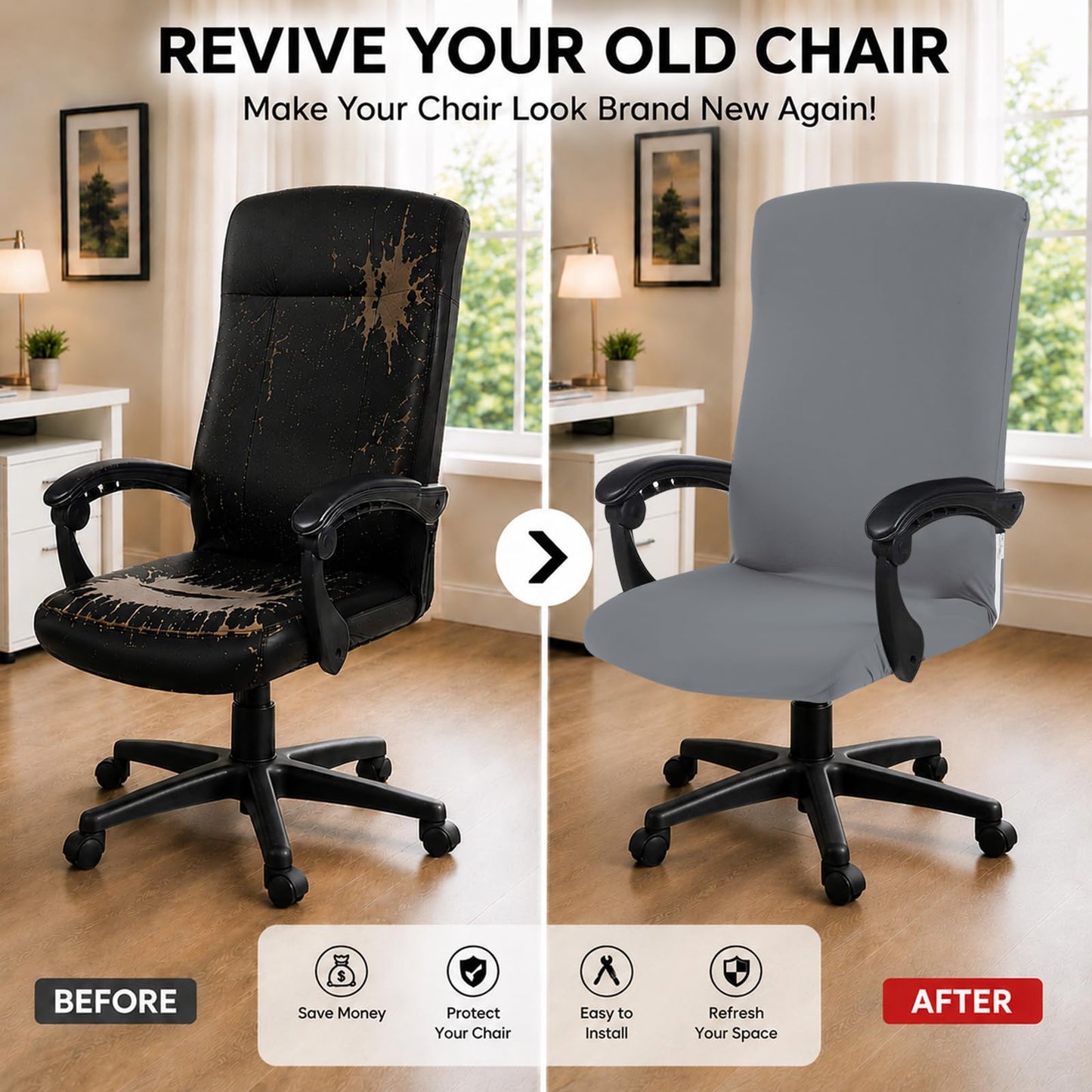 DIVA EN CAMINO DEC Stretchable Office Chair Cover with Durable Zipper, Soft Slipcover for Computer Desk Chair - Mid Gray
