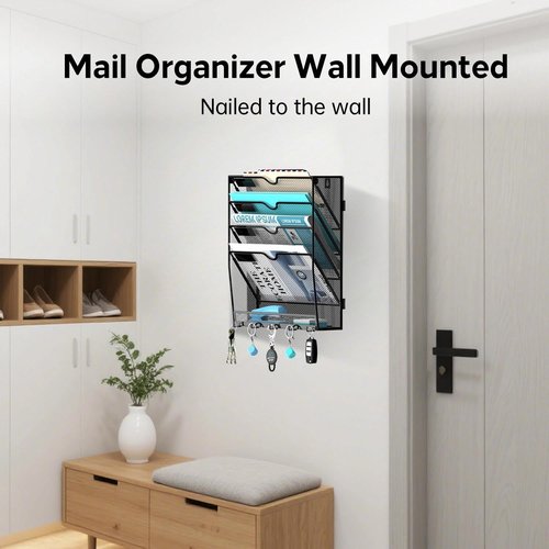 JMHUD Wall File Organizer with 5 Hooks 5 Tier Hanging File Organizer, Vertical Wall Mount Mail Organizer for Papers, Folders, Magazines, Bills, Office&School Organization, Black