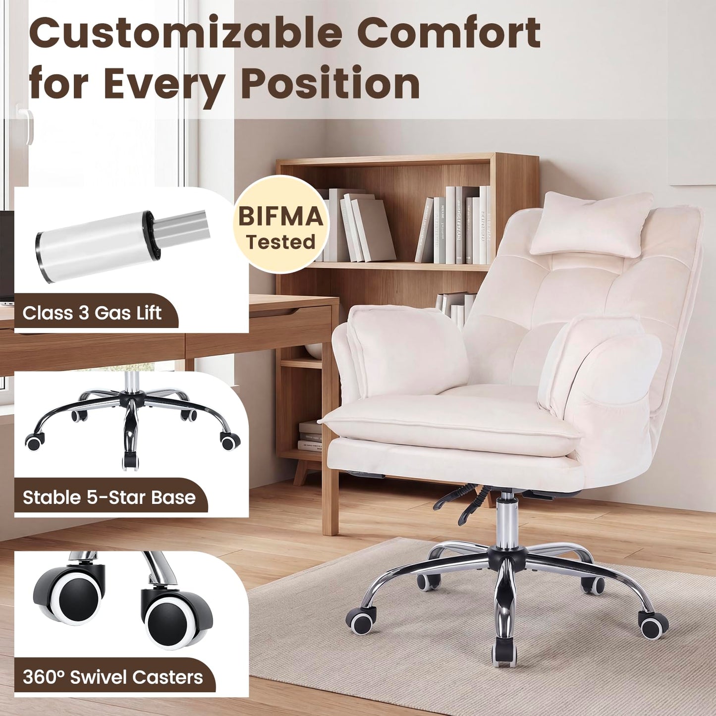EROMMY Criss Cross Chair with Wheels, Big and Tall Velvet Office Chair Reversible Armrest and Wide Seat, Comfy Reclining Computer Chair for Gaming, Reading, Working, Beige