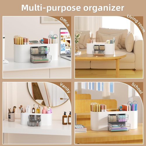 Marbrasse Desk Organizer - Multi-Functional Pen Holder with 3 Drawers & 7 Compartments | White