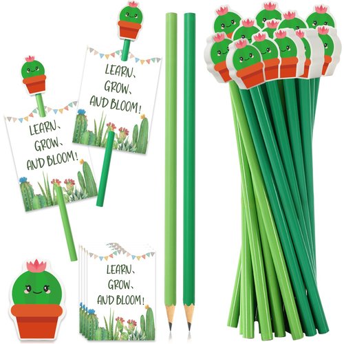 FYSUIMU 50 Sets Cactus Themed Gifts Back to School Gifts With Green Pencils Cute Cactus Erasers and Motivational Postcards for Students Bulk First Day of School Reward Party Favor