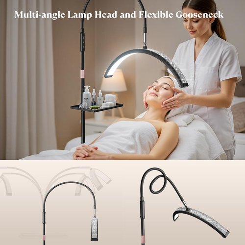 Mznoo Lash Light, 23 Inch Bling Diamond Half Moon Light for Eyelash Extensions, Nail Art, Tattoo Art and Skincare, Adjustable Color Modes and Flexible Gooseneck, with Tool Tray (Black)