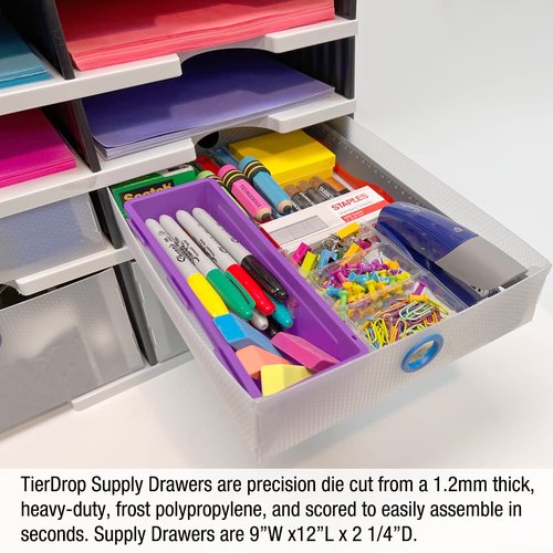 Ultimate Office TierDrop Supply Drawers Measure 9w x 12d x 2 1/4 Inches High for Desk Accessories and Supplies, Set of 2, Includes Color-Coded Finger Rings for Fast and Easy Access to Contents
