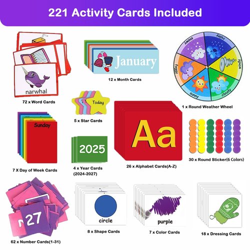 Klyrith Circle Time Learning Center Classroom Pocket Chart, Educational Teaching Materials with Cards for Preschool, Learning Calendar Weather Letter Rhyme Color Shape Counting Number etc, Blue
