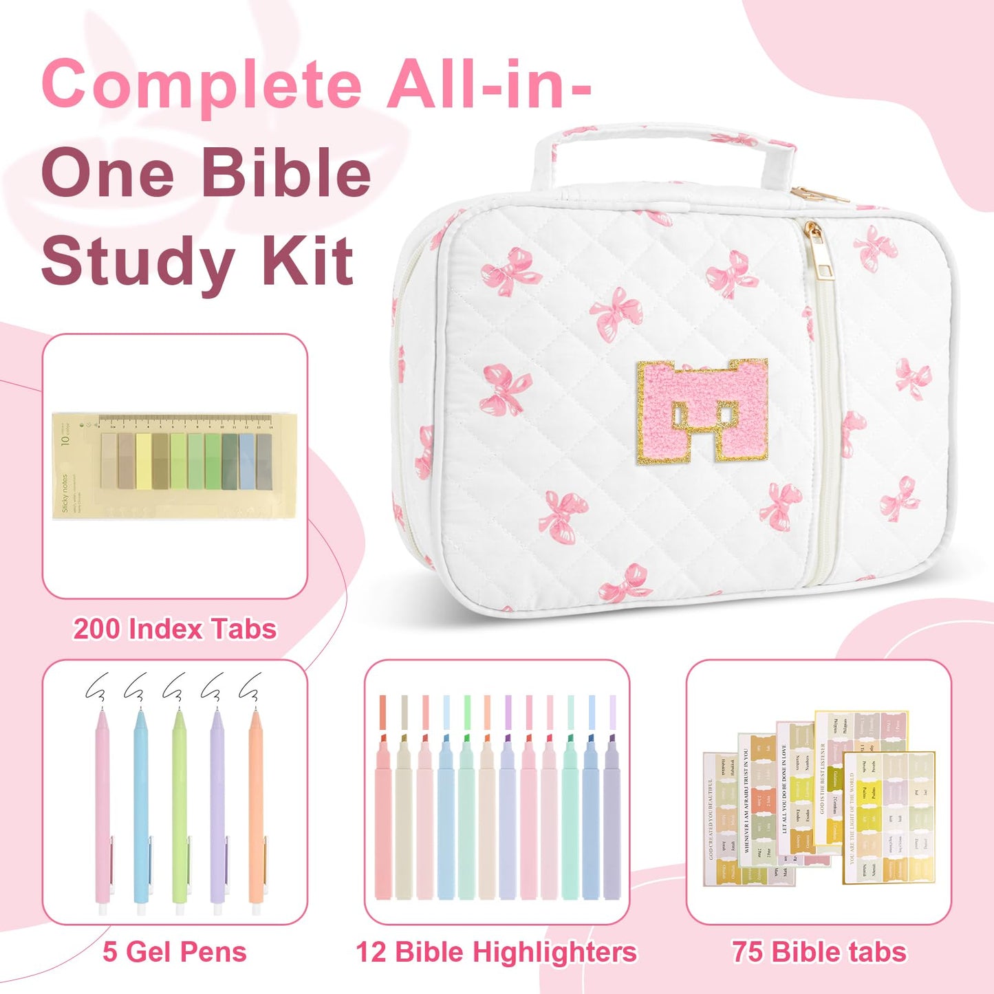 Personalized Initial Bible Cover Case for Women Girls Kid - Large Quilted Bible Case with Handle,Chenille Letter Bag Study Supplies,Christmas Gifts for Christians Birthday Graduationn(Pink Bow-E)