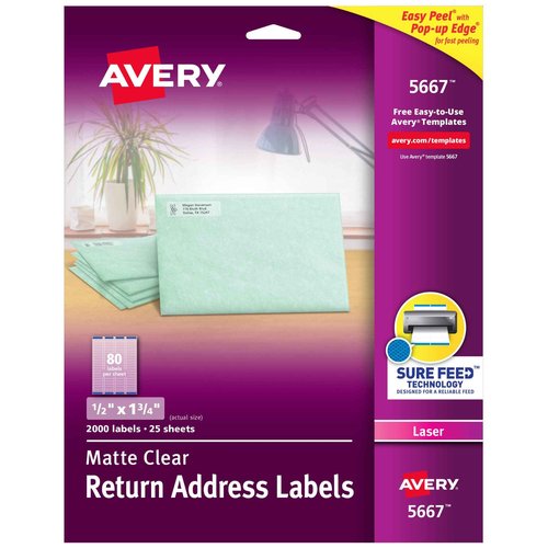 Avery Printable Return Address Labels with Sure Feed, 0.5" x 1.75", Matte Clear, 2,000 Blank Mailing Labels (05667)
