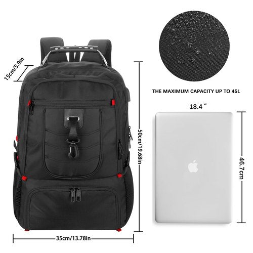VESERI Travel Business Laptop Backpack for 18.4in PC with Shoe Compartment USB Charging Port,Sport Gym Bag for College Hiking Camping,Waterproof School Bookbag for Men Women Boys,Black