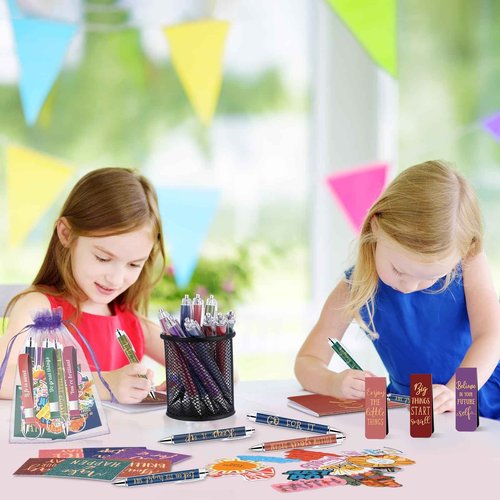 Pasimy 218 Pcs Inspirational Stationery Gifts Motivational Mini Notepad Pen Quote Bookmarks Stress Relief Stickers Inspiring Silicone Keychains for Kid Adult School Office Appreciation(Bright)
