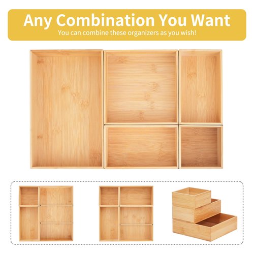 IUMLXJO 5PCS Bamboo Drawer Organizer with Adjustable Wood 2 Drawer Dividers, Stackable Makeup Desk Junk Storage Boxes Container Trays with 7 Grid for Kitchen Utensils,Bathroom, Office