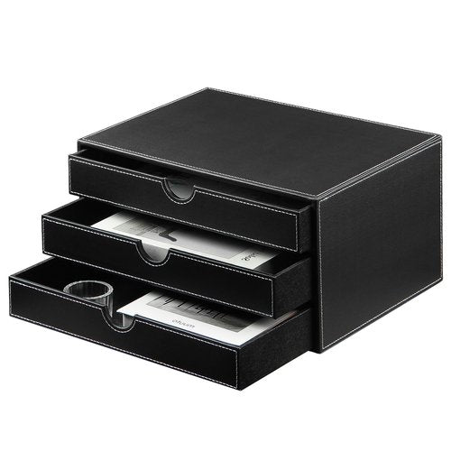 YAPISHI Leather Desk Organizer with 3 Drawers, Executive Office Supplies Desktop Filing A4 File Cabinet/Holder, Stackable Storage Box for Jewelry/Bill/Paper/Documents/Makeup Home Decor Accessories