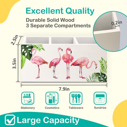 AQYIP Tropical Pink Flamingo Wood Makeup Brush Toothbrush Holder Organizer for Vanity Bathroom,Pink Flamingo Gifts for Women,Girly Aesthetics Wooden Pen Pencil Holder for Desk Accessories