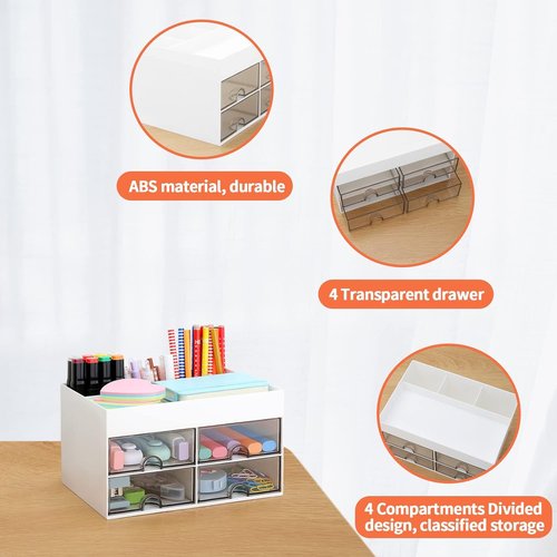 Catekro Desk Organizer with 4 Drawer, Multi-Functional Pen Pencil Holder for Desk, Office Supplies Organizer for Desk, Cute Desk Accessories with Plastic for Office, Home, School(White)