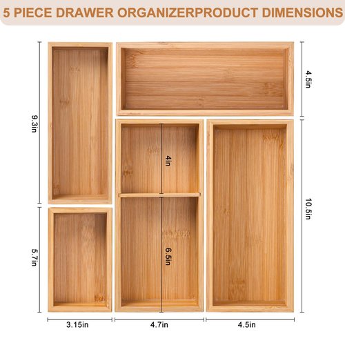 Bamboo Drawer Organizer 5 Pcs for Kitchen Multi-purpose Storage Dividers for Kitchen, Office, Jewelry, Cosmetics, Wooden Drawer Dividers for Drawer Organizer Desk Organizer Gift for Women Gifts Idea