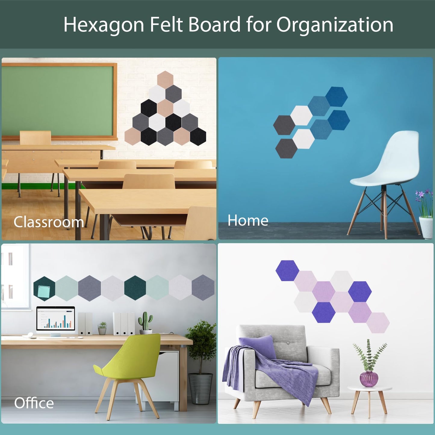 Afumazi Felt Bulletin Board Tiles, 8 Pcs Hexagon Wall Tiles with Removable Adhesive, 7.9×6.9 Inch Cork Pin Board for Classroom, Home, Office (Set G, Middle)