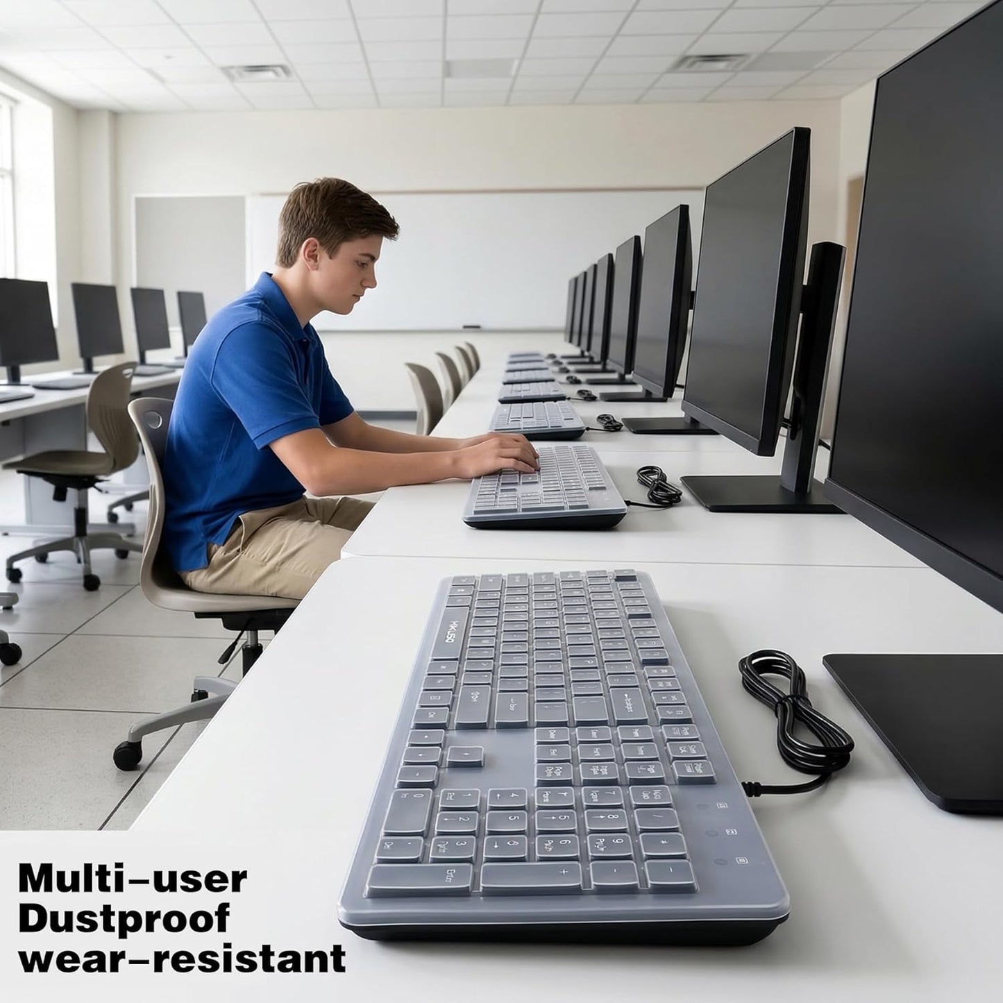 Spill Proof Keyboard - Full Size Wired 104 Keys with Easy Clean Cover & Laser Etched Keycaps | Black