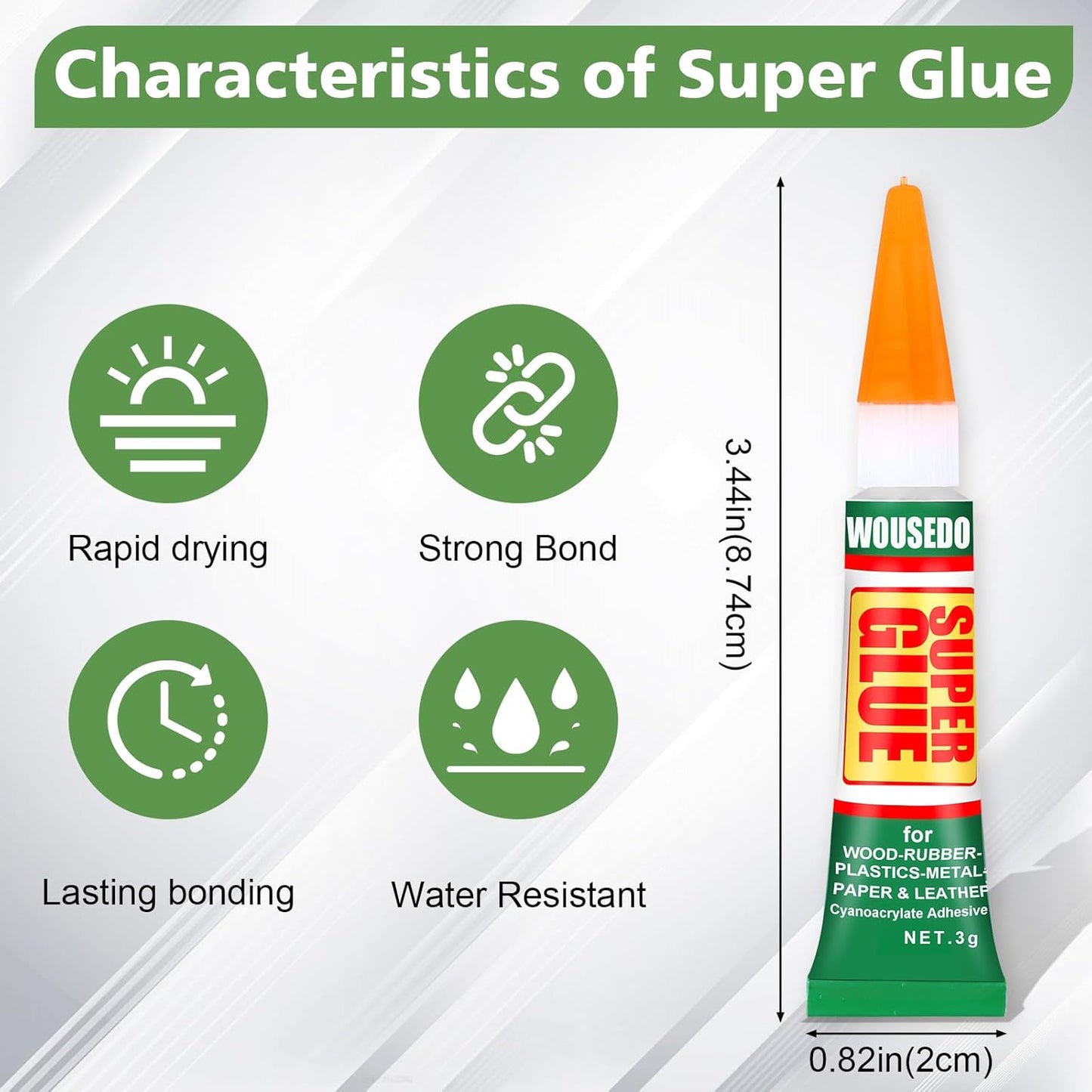 WOUSEDO Super Glue - Fast Drying Clear Adhesive for Wood, Rubber, Leather, Plastic & Metal | 48 x 3g