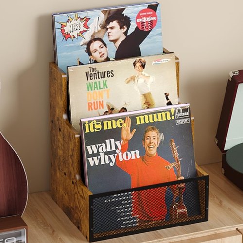 Yuzehuaza Vinyl Record Storage Holder, Stepped 3 Tier LP Vinyl Record Crate with Metal Grid, Wooden Album Storage Desktop Organizer Box for Vinyl, Rustic Brown & Black (Patent Pending)