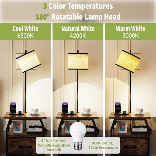 Runjuly Floor Lamp with Table - 3-Color Temperature Bulb, 2 Drawers & Charging | Rustic Brown Design for Bedroom & Apartment