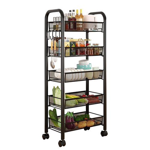 Rolling Pantry Storage Cart - 5-Tier Metal Portable Pantry Organizer with Wheels, Multi-Functional Storage Trolley for Kitchen, Office (Black)