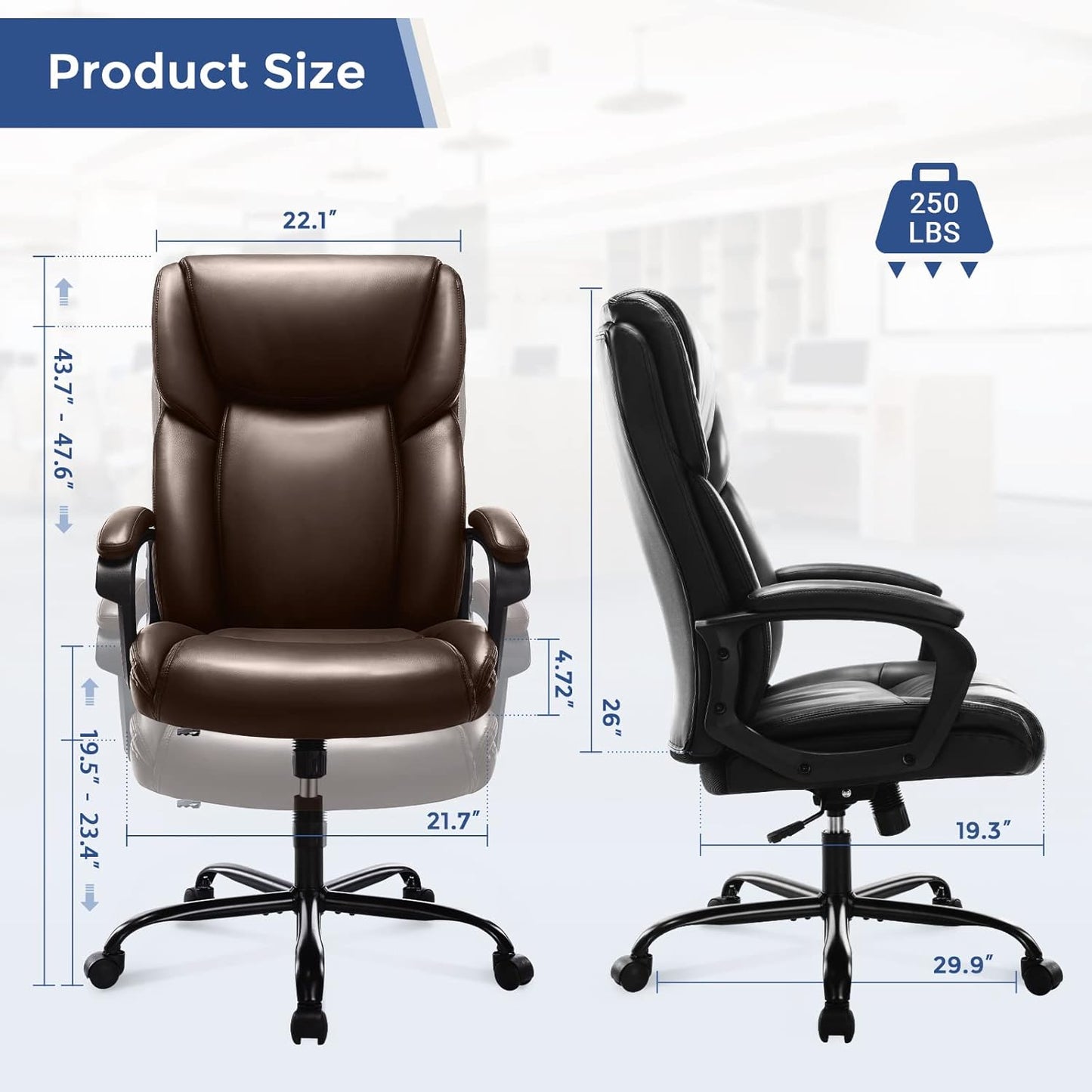 ZUNMOS Executive Office Chair - High Back Adjustable Height with Lumbar Support | Black Leather