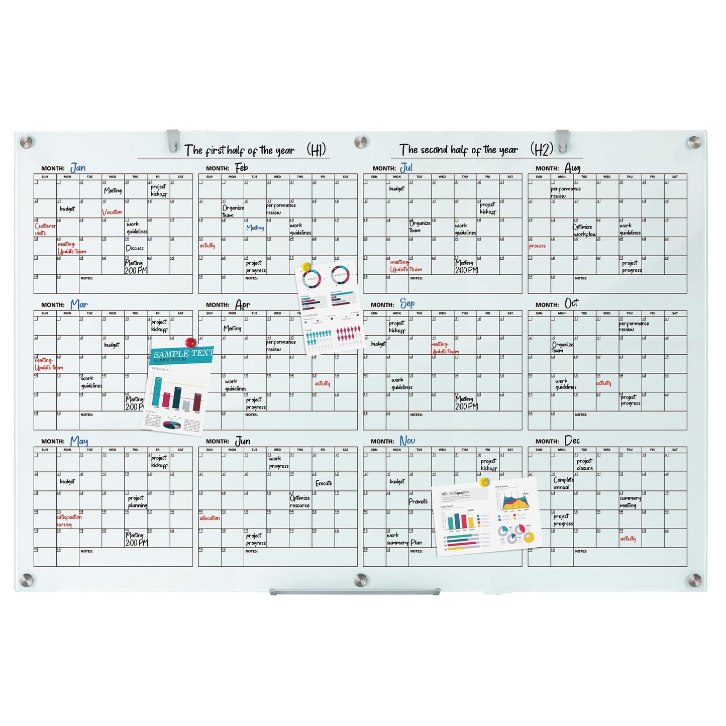 Large Glass Dry Ease Calendar for Wall, 72 x 48 Inches Magnetic Glass Yearly Calendar Whiteboard, 6' x 4' Frameless Planner Board for Office, Home, School