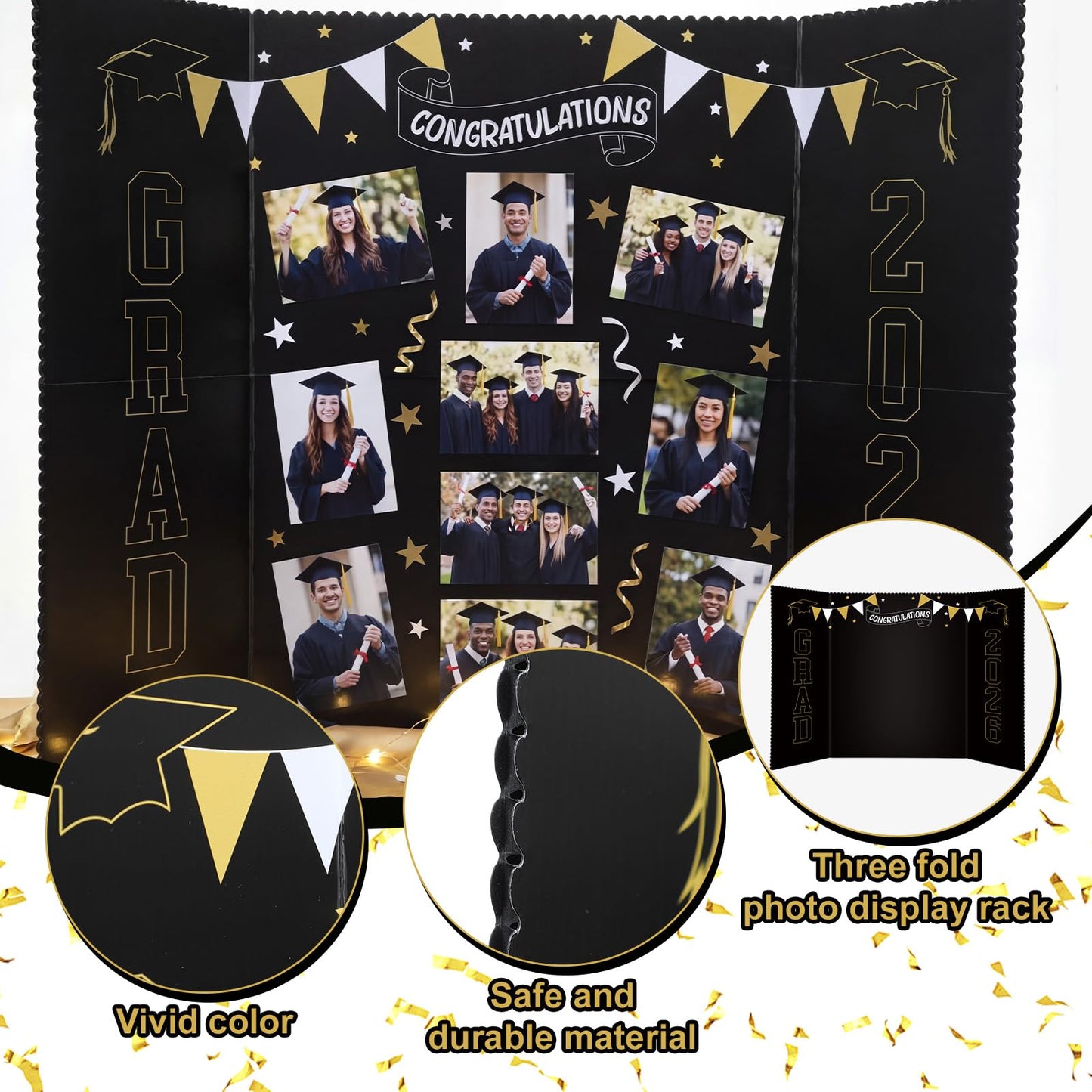 Epakh 2026 Graduation Trifold Poster Board 33 x 20 in Black Gold Senior Night Photo Display Board for Class of 2026 Graduation Photo Frames Picture Display for Grad Party Gift Table Decor