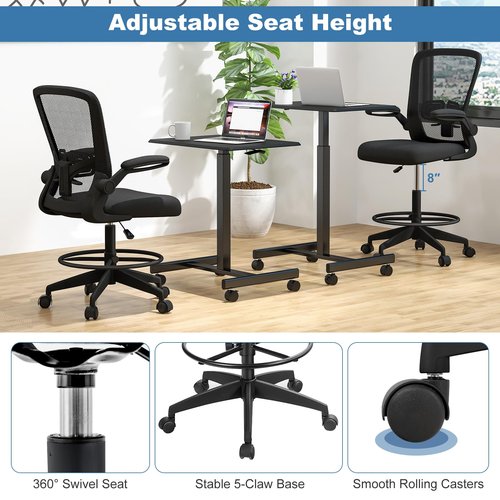 POWERSTONE Drafting Chair - Ergonomic Tall Office Chair for Standing Desk with 3IN Thick Cushion, Flip-up Arm, Adjustable Back Support & Footrest Workbench Rolling Stool Computer Chairs (Black 1 pcs)