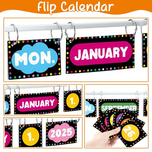 Gilprop Flip Calendar Bulletin Board Set with Holder Adjustable Calendar Display Holder Includes 55 Date Cards for Preschool School Classroom Wall Decoration(Chalkboard Brights)
