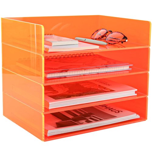 Acrylic File Organizer for Desk 4 Tiered Stackable Letter Tray Office Paper Storage Desktop Document Sorter, Neon Orange