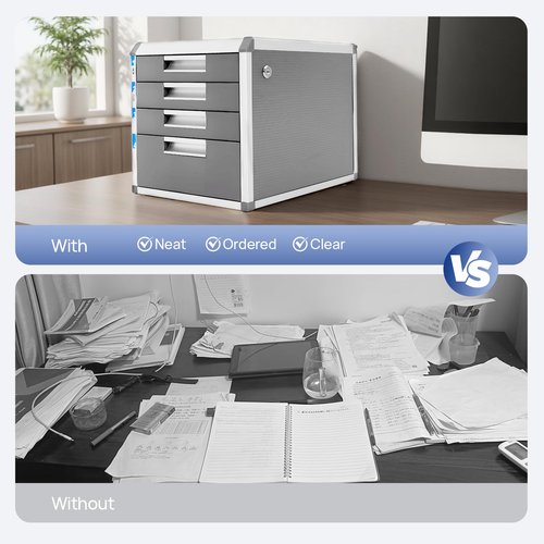 File Storage Cabinet with Lockable Drawers & 4 Compartments - 12.4" Desktop Document Organizer for Office Home, Aluminum Frame, Security Lock, Space-Saving Design