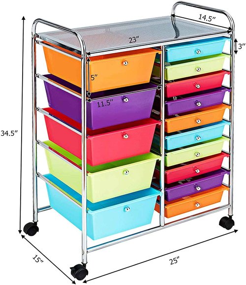 Topment Plastic Boxes 15 Drawer Rolling Organizer Cart Utility Storage Tools Scrapbook Paper Multi-Use
