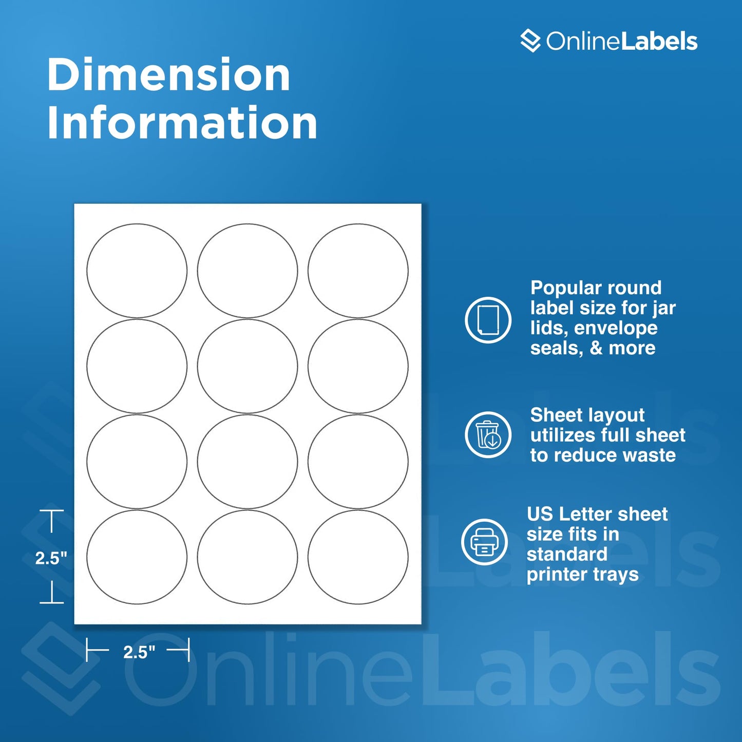 2.5" Round Labels - Permanent Adhesive, White Matte - Great for Candle and Jar Lids, Products, Favor Labels - Pack of 1,200 Circle Stickers, 100 Sheets - Inkjet/Laser Printers, OL350WX, OnlineLabels