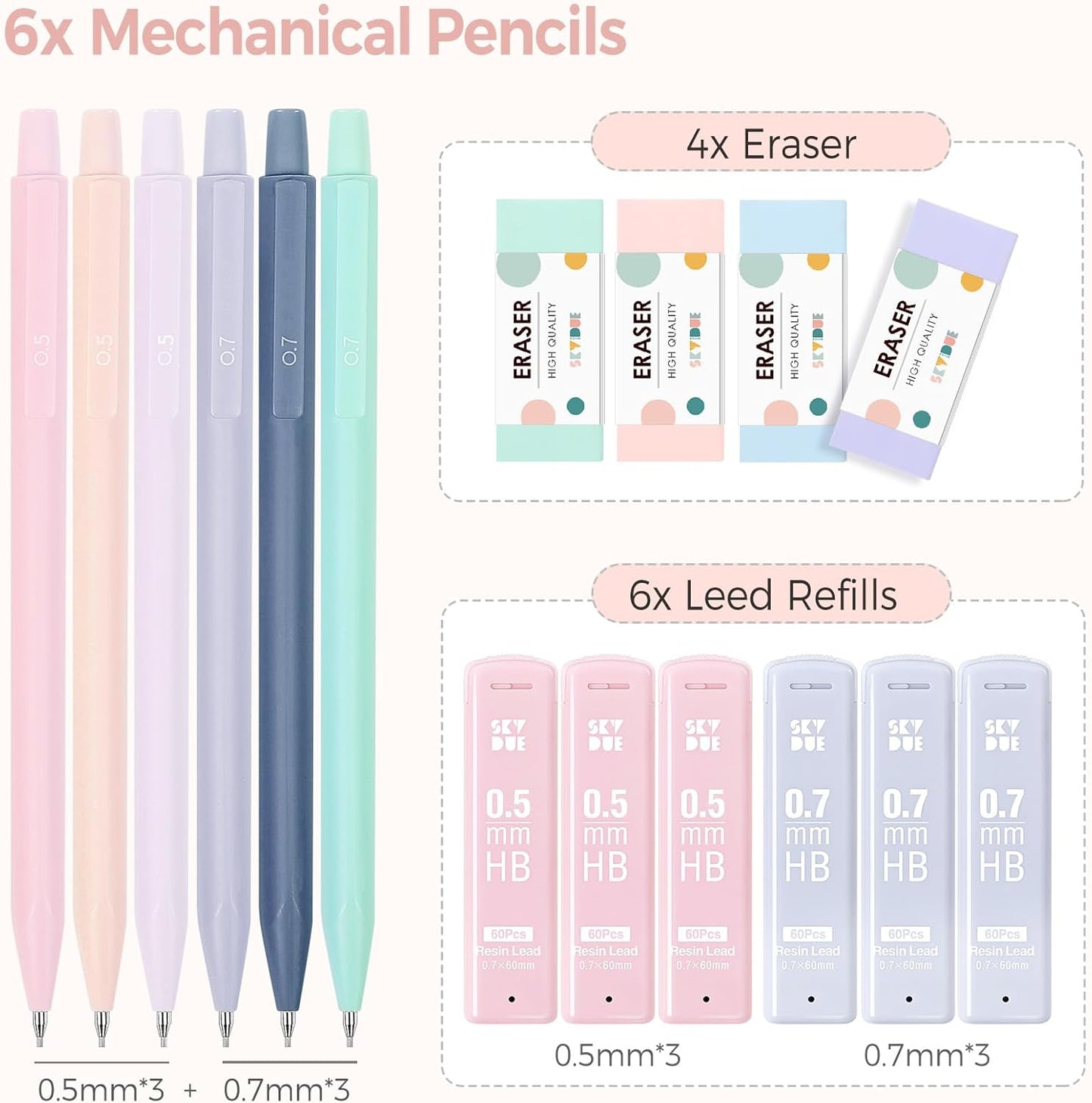 SKYDUE Mechanical Pencils Set - 0.5mm & 0.7mm with 360PCS HB Lead Refills & 4 Pastel Erasers | Aesthetic School Supplies