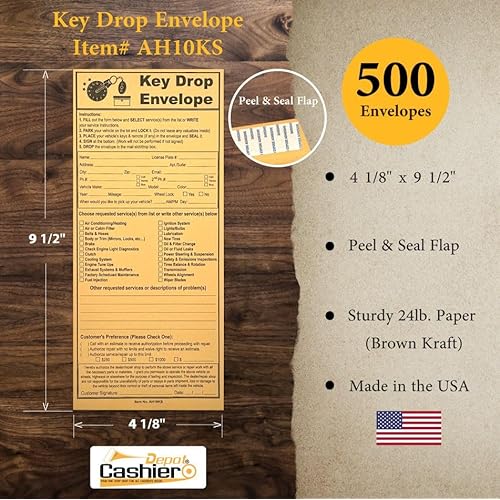 500 Night Key Drop Off Envelopes For Auto Shop Repair or Service, 4 1/8" x 9 1/2", After Hours Key Drop Envelopes with Self Seal Flap, Sturdy 24lb. Brown Kraft (500)