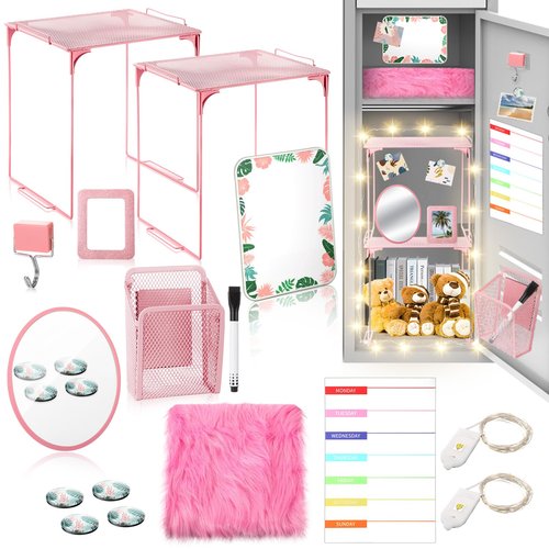 Suzile 16 Pcs Pink Locker Accessories Kit Included Locker Organizer Shelf, Magnetic Whiteboard, Course Schedule, Rug, Magnetic Mirror, Pen Holder, Pen, Planner, Photo Frame, Clips, Light String