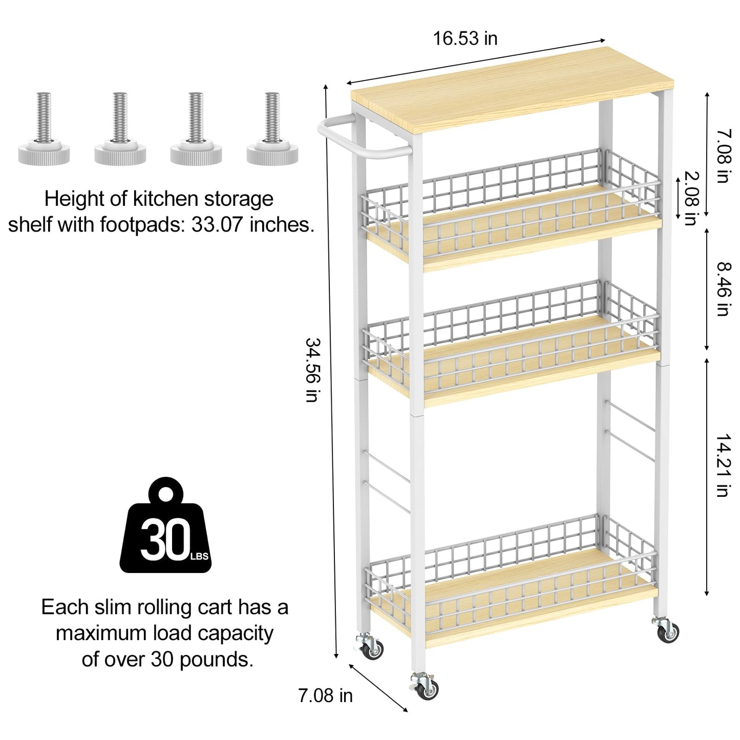 Slim Storage Cart White Narrow Storage Cabinet 4 Tier Laundry Room Organization Mobile Bathroom Shelving Unit Organizer Rolling Utility Cart Slide Out Kitchen Cart Tower Rack for Narrow Places 7.08’’W