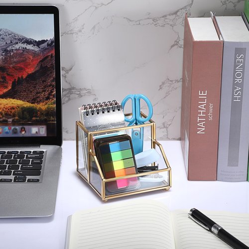 Hipiwe Glass Business Card Holder Stand with Pen/Pencil Organizer Gold Business Name Cards Display Holder for Home Office Desktop Countertop, 2 Slots