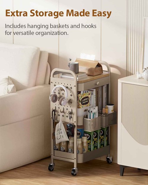 ALVOROG Rolling Cart with Drawer and Wood Table Top, 3 Tier Metal Rolling Utility Cart on Wheels with DIY Pegboards, Hanging Baskets, Hooks for Kitchen, Bedroom, Office, Craft Supplies