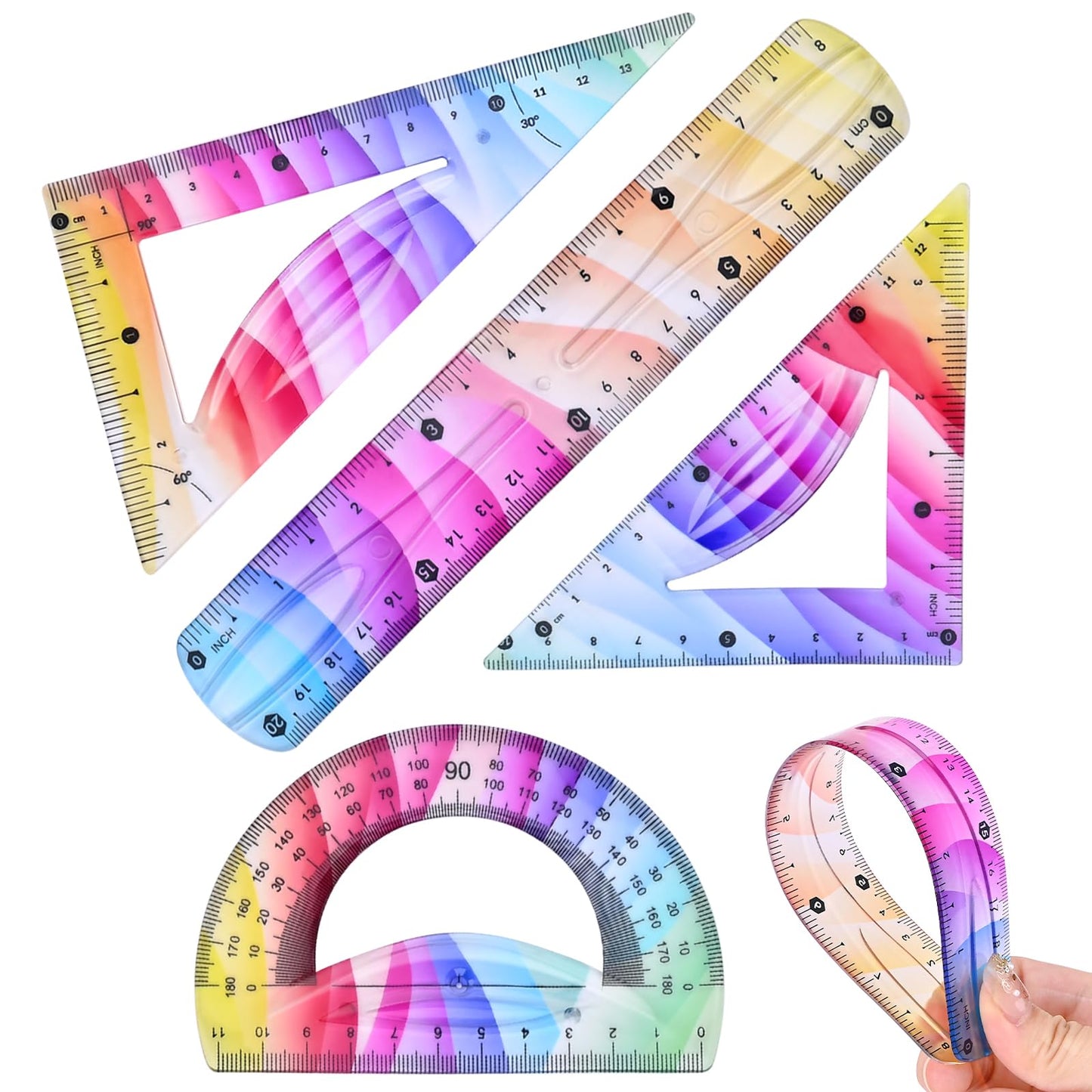 Valtiner 4 Pcs Flexible Rulers Set, Colorful Geometry Kit, Plastic Bendable Shatterproof Soft Rulers, Clear Ruler 20 cm/ 8 Inch, Triangle Rulers and Protractor for Back to School Supplies (8 Inch)