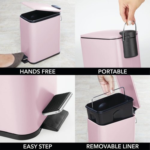 mDesign Slim Metal Rectangle 1.3 Gallon Trash Can with Step Pedal, Easy-Close Lid, Removable Liner - Narrow Wastebasket Garbage Container Bin for Bathroom, Bedroom, Kitchen, Office - Matte Blush Pink