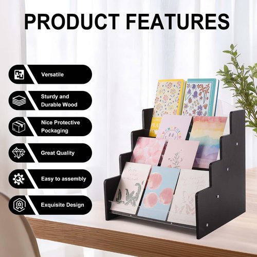Kesiya Greeting Card Display Stand Holder, 4-Tiered Wooden/Acrylic Organizer Rack for Sticker,Postcard,Brochure,Photos,Picture& Stationery Vendors,Retail Stores (Black)