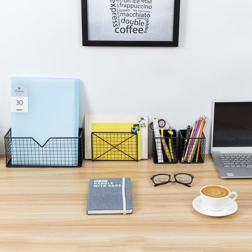 MyGift Magnetic Office Supplies Storage Organizer Baskets, Industrial Matte Black Metal Wire Mesh Mail Slot, File Holder, and Marker Pen Pencil Cups, 4 Piece Set