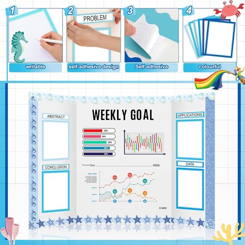 Fuyoooo Science Fair Board Supplies - 90 Pcs with 60 Trim Scalloped Borders & 6 Titles (Ocean)