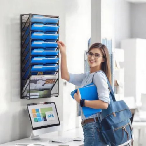 ELEGANT AURA 10 Tier Hanging Wall File Organizer, Wall File Holder Wall Mount Paper Folder Organizer, Mesh Magazine Document Mail Organizer Wall Organizer for Office School Home, Black
