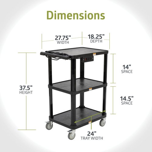 Pearington 3-Shelf Mobile Utility Cart with 3 Outlets and 8' Cord, Heavy-Duty Service Cart for Offices and Warehouses with 3 Shelves, Black