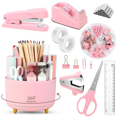 SKYDUE Pink Desk Accessories 10Pcs, Rotating Pen Holder for Desk, Stapler, Staple Remover, Tape Dispenser,2pcs Tape Refills, Binder Paper Clips Kit, Scissor,Pink Office School Supplies