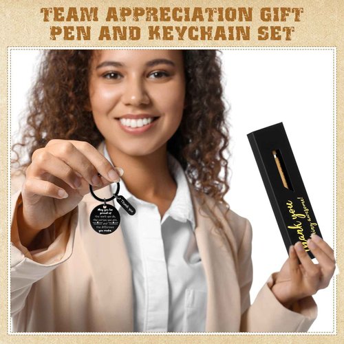 Sayglossy Thank You Gift Bulk Wood Bamboo Pens with Motivational Quote Pen Boxes Employee Appreciation Keychains Inspirational Gifts for Office Coworkers Teams