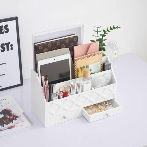 Yanzewon White Wooden Desk Organizer with 5 Compartments and 2 Drawers, Multifunctional Desk Supplies Organizer for Home Office School, Accessories Workspace Organizer and Storage