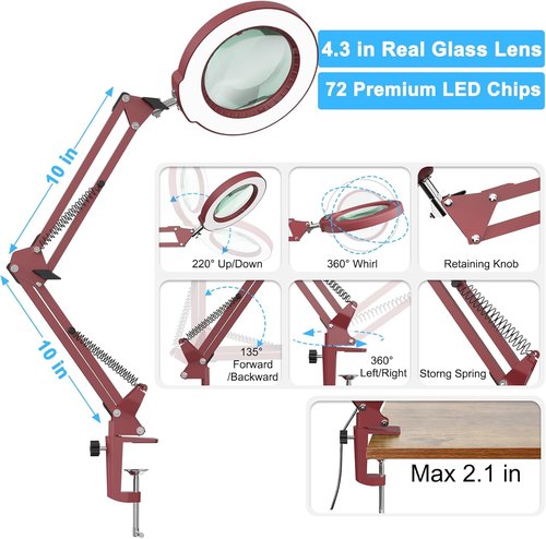 Skiennix 10X Magnifying Glass - Lighted Clamp Magnifier with 5 Color Modes & Dimmable LED - Red